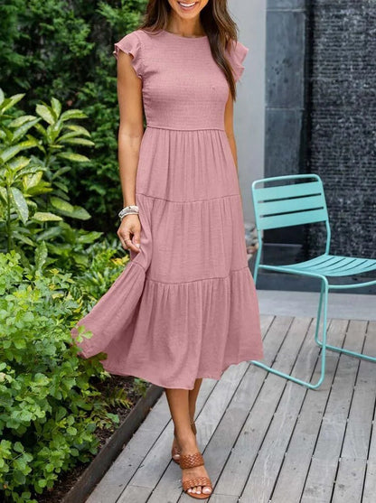 Comfortable Tiered Midi Dress for Women with Flutter Sleeve Split Neck Smocked Waist Casual Style