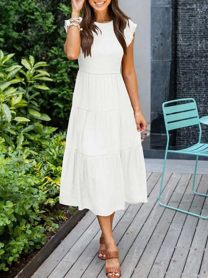 Comfortable Tiered Midi Dress for Women with Flutter Sleeve Split Neck Smocked Waist Casual Style