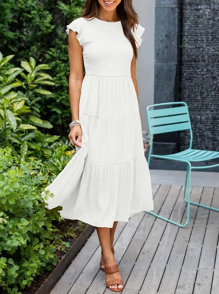 Comfortable Tiered Midi Dress for Women with Flutter Sleeve Split Neck Smocked Waist Casual Style