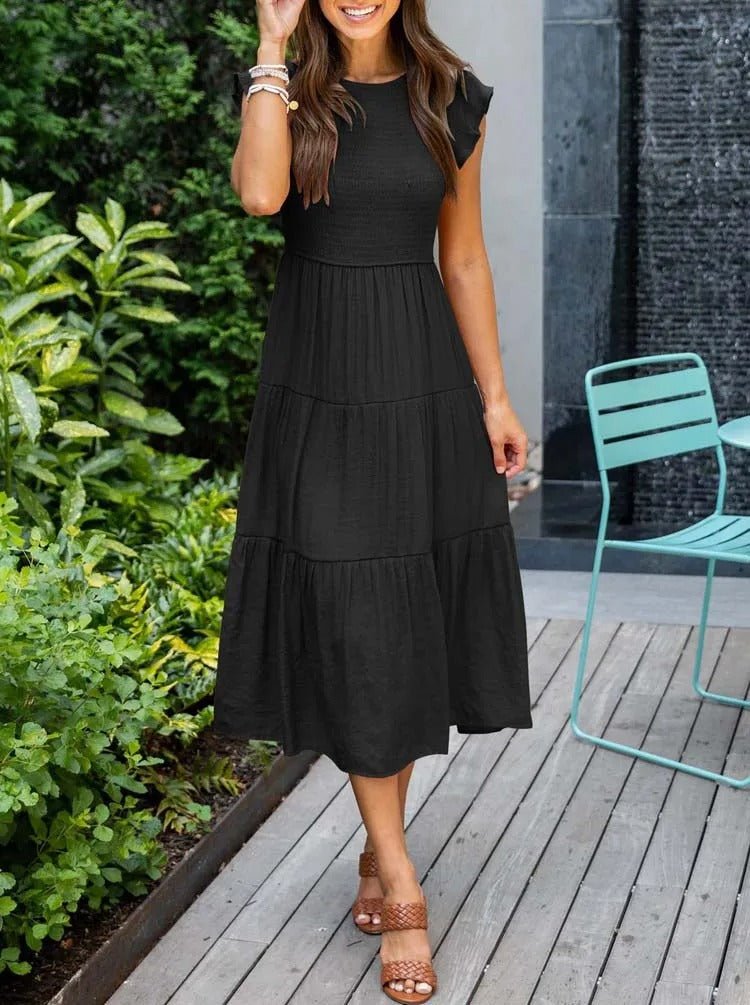 Comfortable Tiered Midi Dress for Women with Flutter Sleeve Split Neck Smocked Waist Casual Style