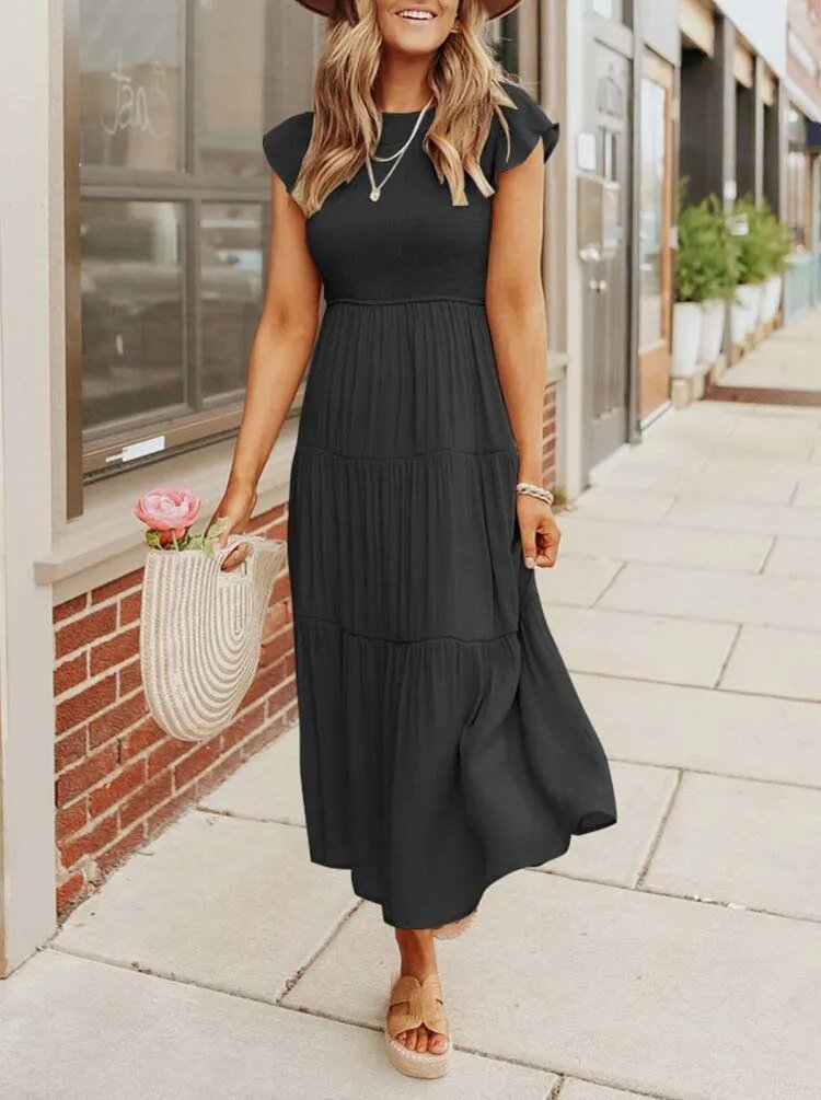 Comfortable Tiered Midi Dress for Women with Flutter Sleeve Split Neck Smocked Waist Casual Style