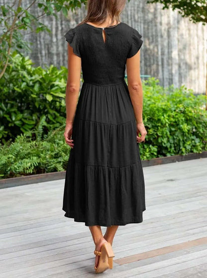 Comfortable Tiered Midi Dress for Women with Flutter Sleeve Split Neck Smocked Waist Casual Style