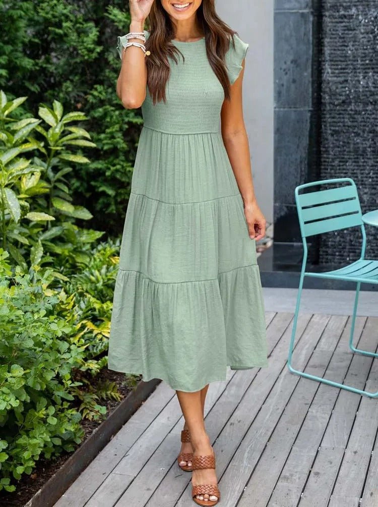 Comfortable Tiered Midi Dress for Women with Flutter Sleeve Split Neck Smocked Waist Casual Style