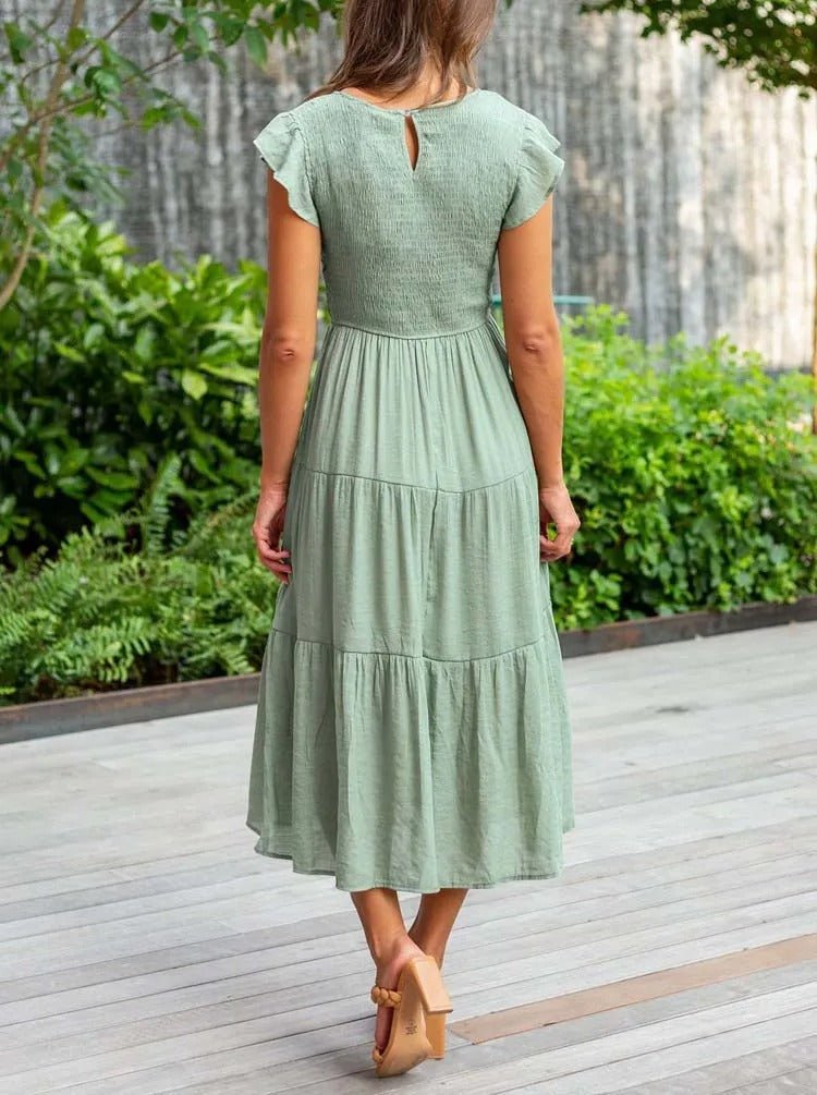 Comfortable Tiered Midi Dress for Women with Flutter Sleeve Split Neck Smocked Waist Casual Style
