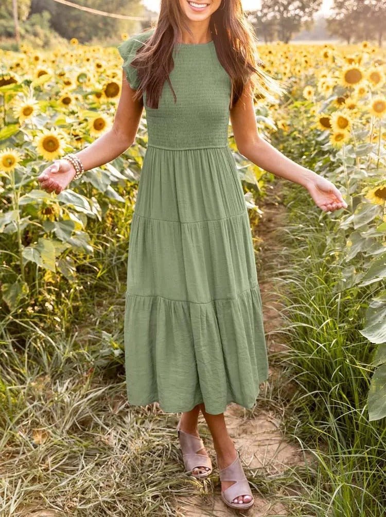 Comfortable Tiered Midi Dress for Women with Flutter Sleeve Split Neck Smocked Waist Casual Style