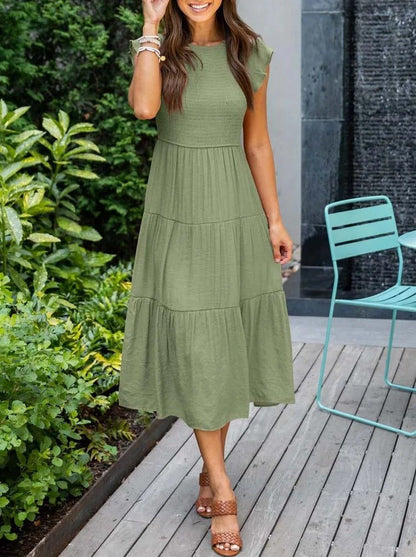 Comfortable Tiered Midi Dress for Women with Flutter Sleeve Split Neck Smocked Waist Casual Style