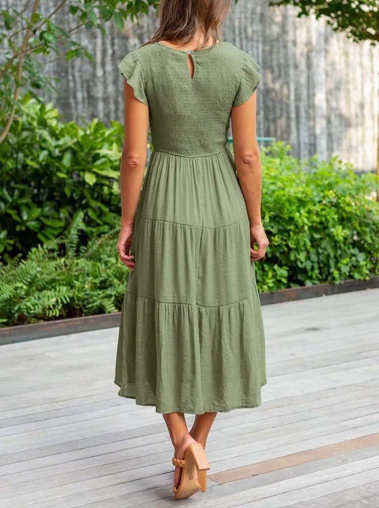 Comfortable Tiered Midi Dress for Women with Flutter Sleeve Split Neck Smocked Waist Casual Style