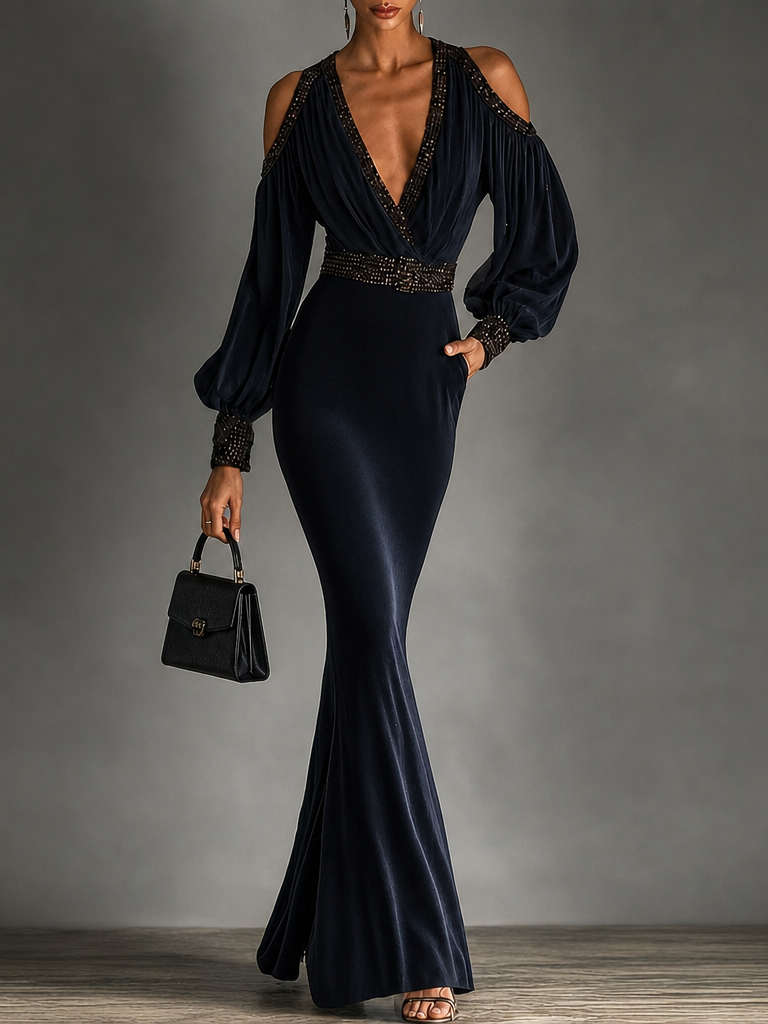Elegant Navy Velvet Maxi Dress for Women with Cold Shoulder Deep V Neck Beaded Belt Autumn Wedding Guest Style