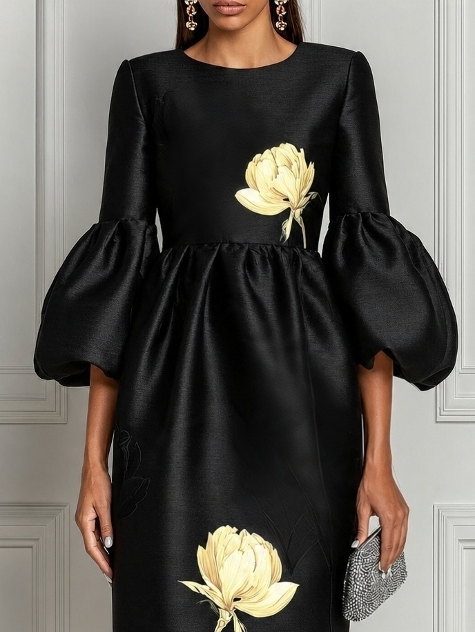 Elegant Black Floral Cocktail Dress for Women with Round Neck Balloon Sleeve Sheath Midi Style