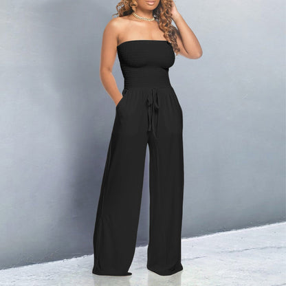 Effortless Wide Leg Jumpsuit for Women with Strapless Smocked Drawstring Waist Casual Style
