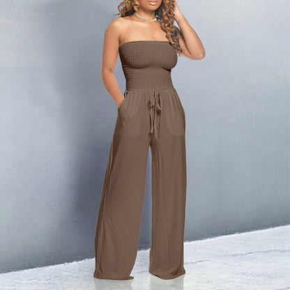 Effortless Wide Leg Jumpsuit for Women with Strapless Smocked Drawstring Waist Casual Style