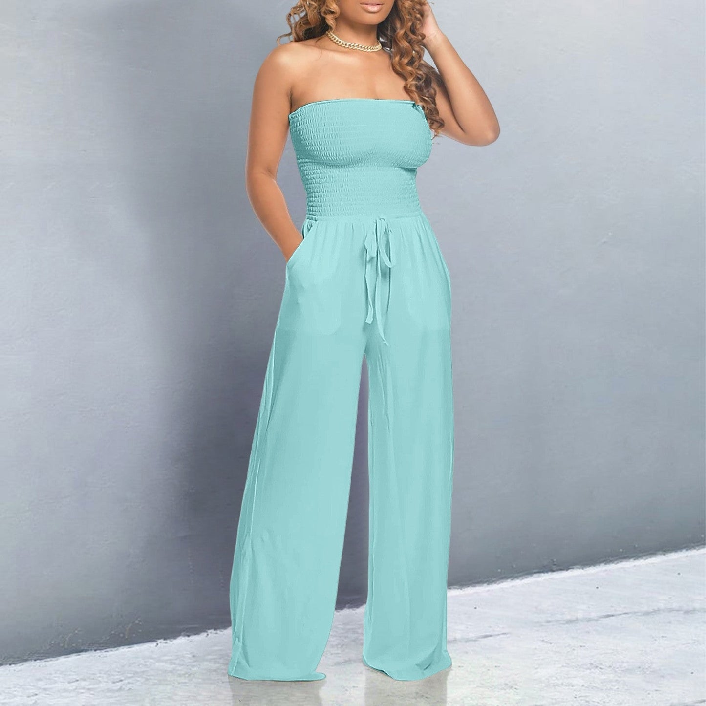 Effortless Wide Leg Jumpsuit for Women with Strapless Smocked Drawstring Waist Casual Style