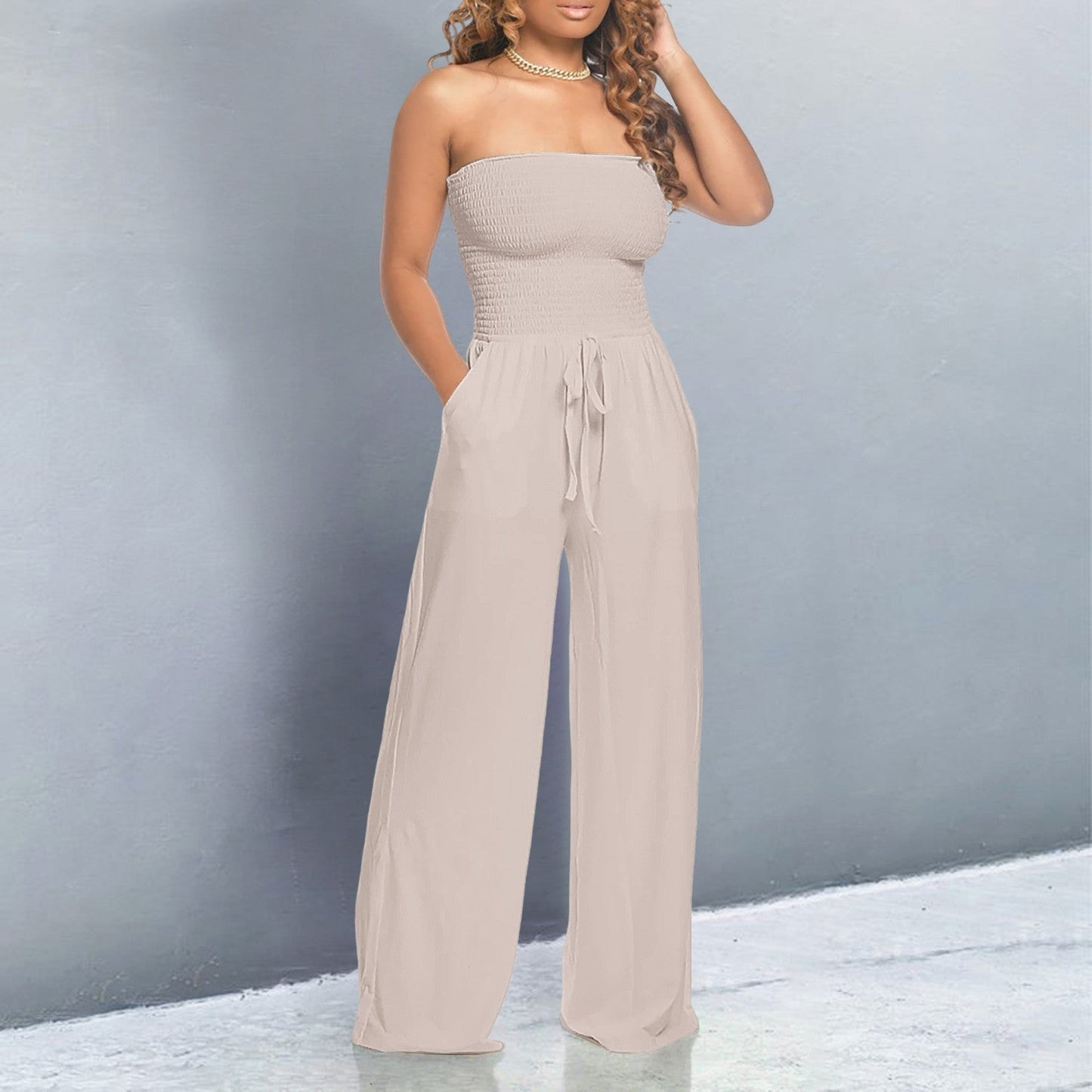 Effortless Wide Leg Jumpsuit for Women with Strapless Smocked Drawstring Waist Casual Style