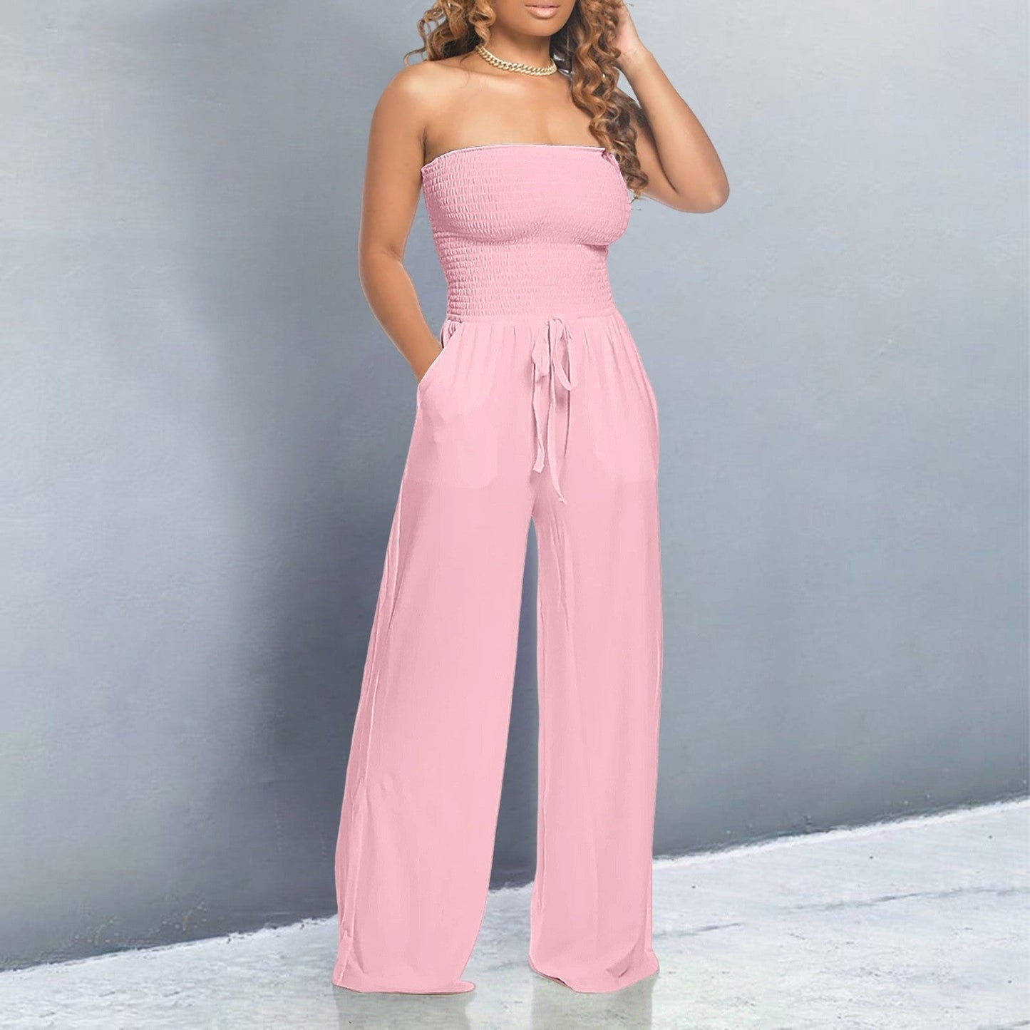 Effortless Wide Leg Jumpsuit for Women with Strapless Smocked Drawstring Waist Casual Style