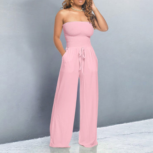 Effortless Wide Leg Jumpsuit for Women with Strapless Smocked Drawstring Waist Casual Style