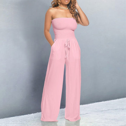 Effortless Wide Leg Jumpsuit for Women with Strapless Smocked Drawstring Waist Casual Style