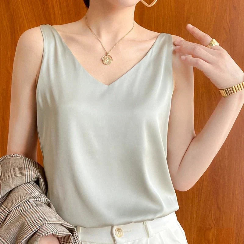 Elegant Satin Tank Top for Women with V Neck Sleeveless Relaxed Flowing Style