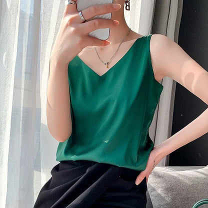 Elegant Satin Tank Top for Women with V Neck Sleeveless Relaxed Flowing Style