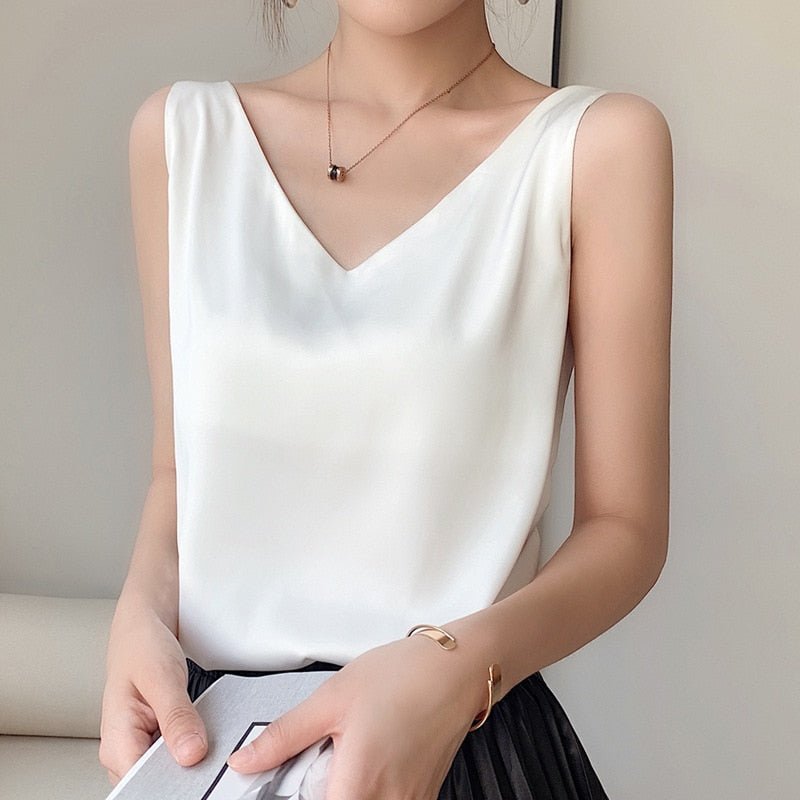 Effortless Satin Tank Top for Women with V Neck Sleeveless Relaxed Silky Style