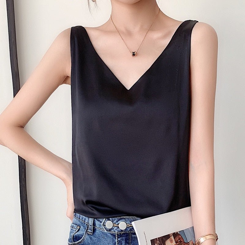 Effortless Satin Tank Top for Women with V Neck Sleeveless Relaxed Silky Style