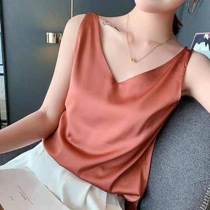 Elegant Satin Tank Top for Women with V Neck Sleeveless Relaxed Flowing Style