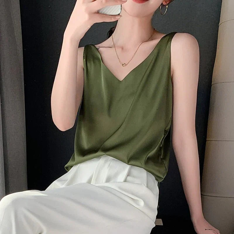 Elegant Satin Tank Top for Women with V Neck Sleeveless Relaxed Flowing Style