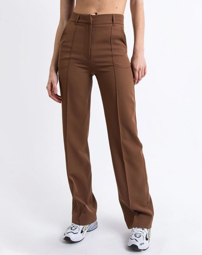 Elegant Tailored Wide Leg Pants for Women with High Waist Pocket Front Crease Relaxed Style