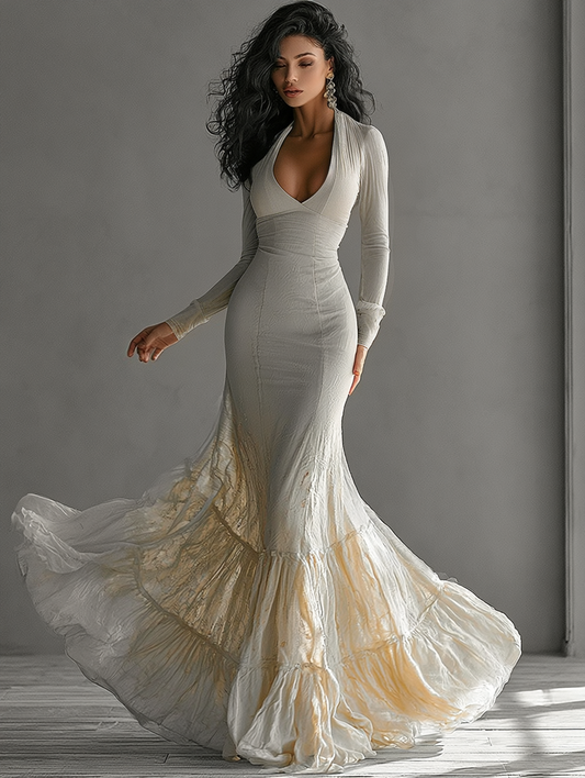 Elegant Beige Maxi Dress for Women with Deep V Neck Long Sleeve Mermaid Ruffle Formal Evening Style
