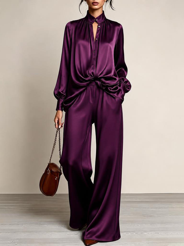 Elegant Purple Satin Two Piece Set for Women with Stand Collar Button Down Shirt High Waist Wide Leg Pants Style