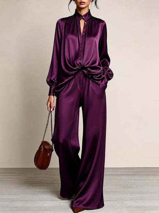 Elegant Purple Satin Two Piece Set for Women with Stand Collar Button Down Shirt High Waist Wide Leg Pants Style