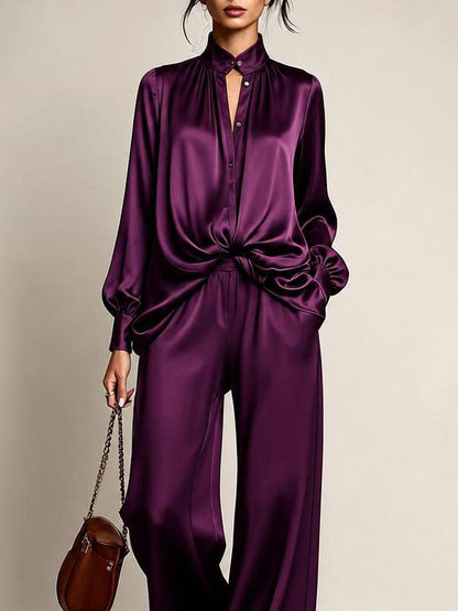 Elegant Purple Satin Two Piece Set for Women with Stand Collar Button Down Shirt High Waist Wide Leg Pants Style