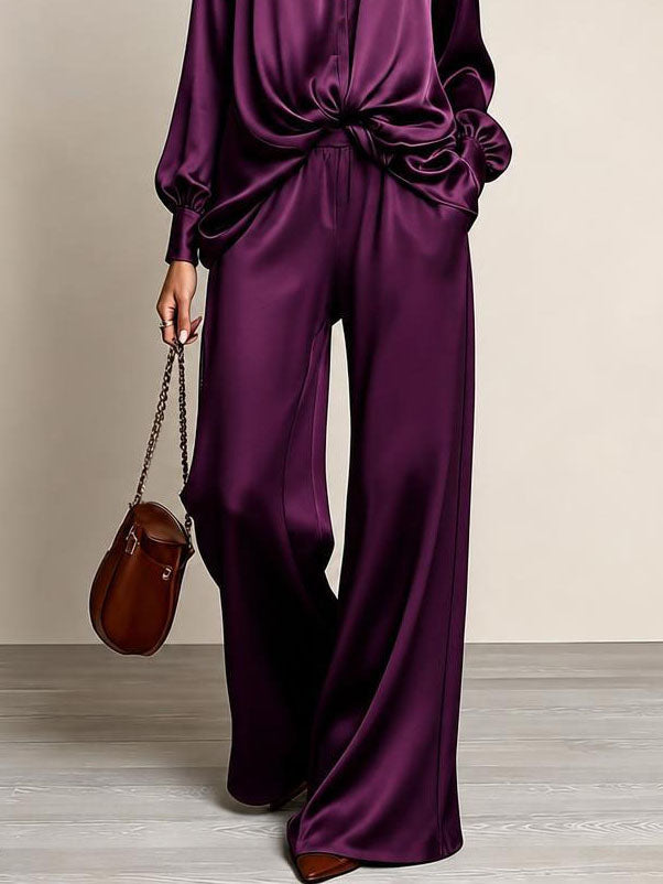 Elegant Purple Satin Two Piece Set for Women with Stand Collar Button Down Shirt High Waist Wide Leg Pants Style