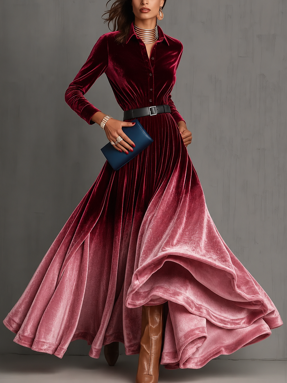 Elegant Red Ombre Velvet Dress for Women with Shirt Collar Long Sleeve Belted Maxi Style
