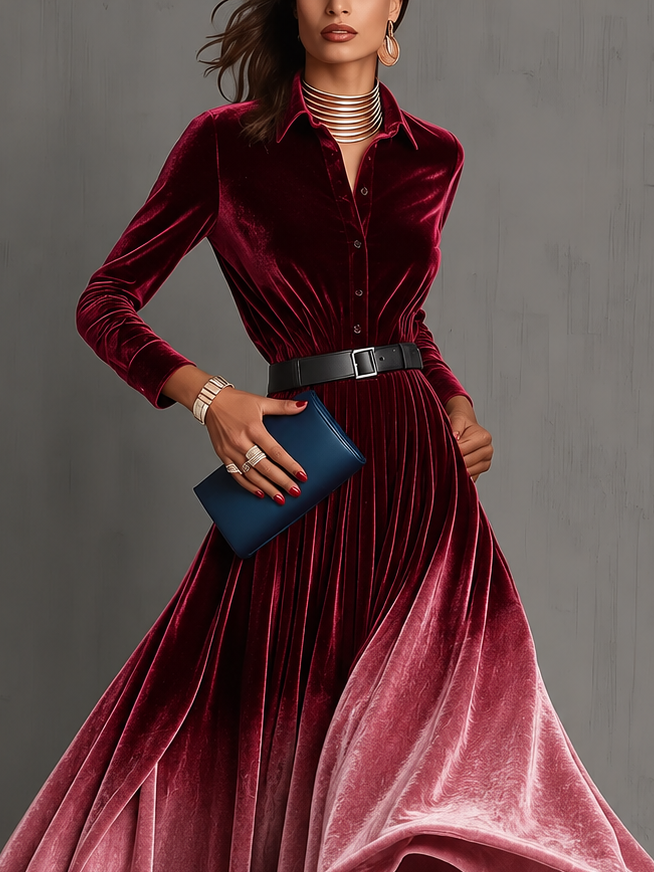 Elegant Red Ombre Velvet Dress for Women with Shirt Collar Long Sleeve Belted Maxi Style