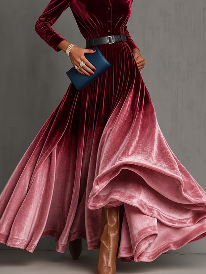 Elegant Red Ombre Velvet Dress for Women with Shirt Collar Long Sleeve Belted Maxi Style