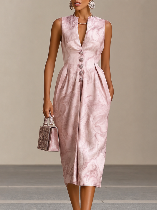 Elegant Pink Marble Print Cocktail Dress for Women with V Neck Sleeveless Button Front Pleated Style
