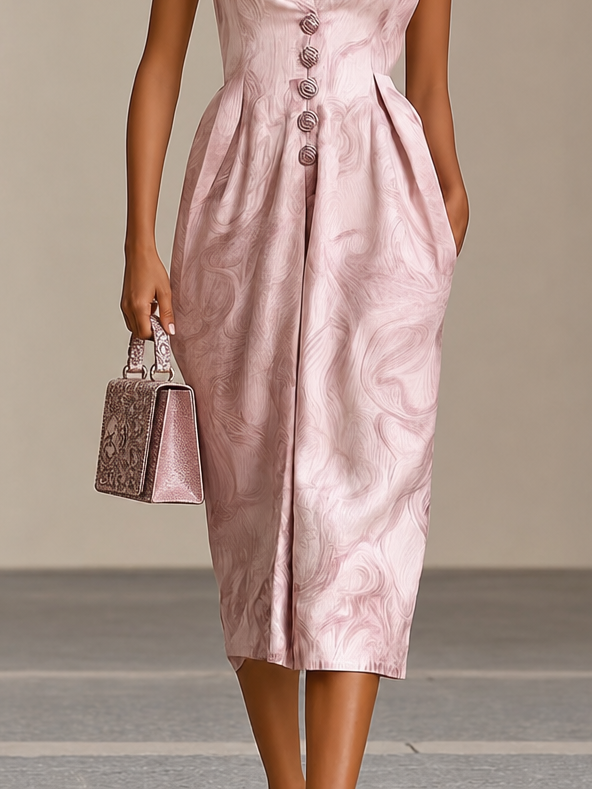 Elegant Pink Marble Print Cocktail Dress for Women with V Neck Sleeveless Button Front Pleated Style