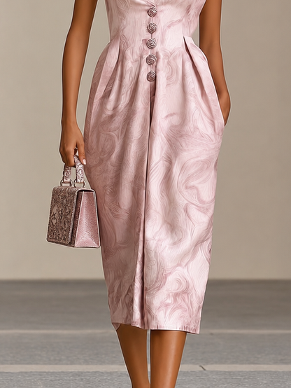 Elegant Pink Marble Print Cocktail Dress for Women with V Neck Sleeveless Button Front Pleated Style