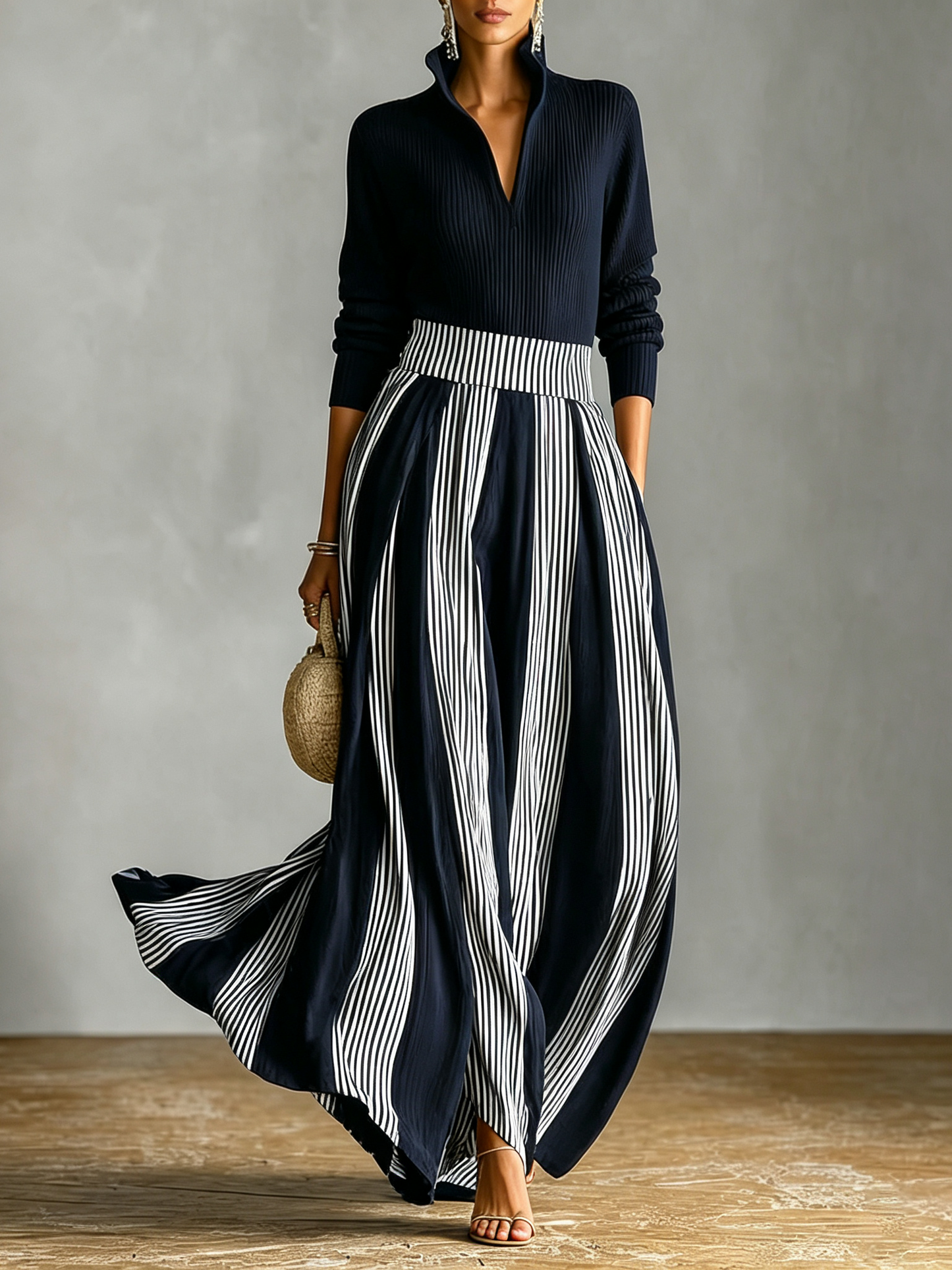 Chic Ribbed Knit Two Piece Set for Women with Half Zip Top Striped High Waist Maxi Skirt Lounge Style