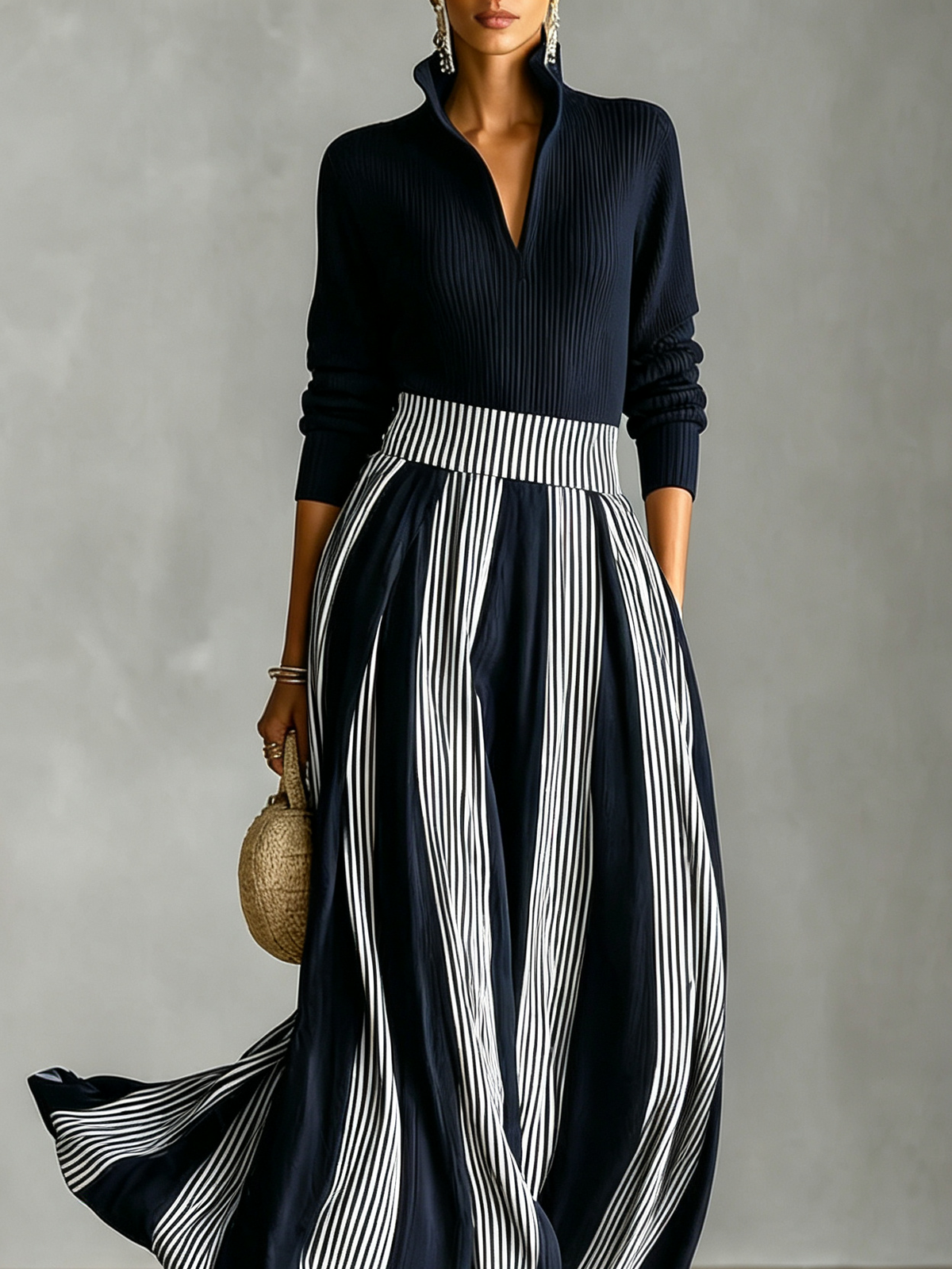 Chic Ribbed Knit Two Piece Set for Women with Half Zip Top Striped High Waist Maxi Skirt Lounge Style
