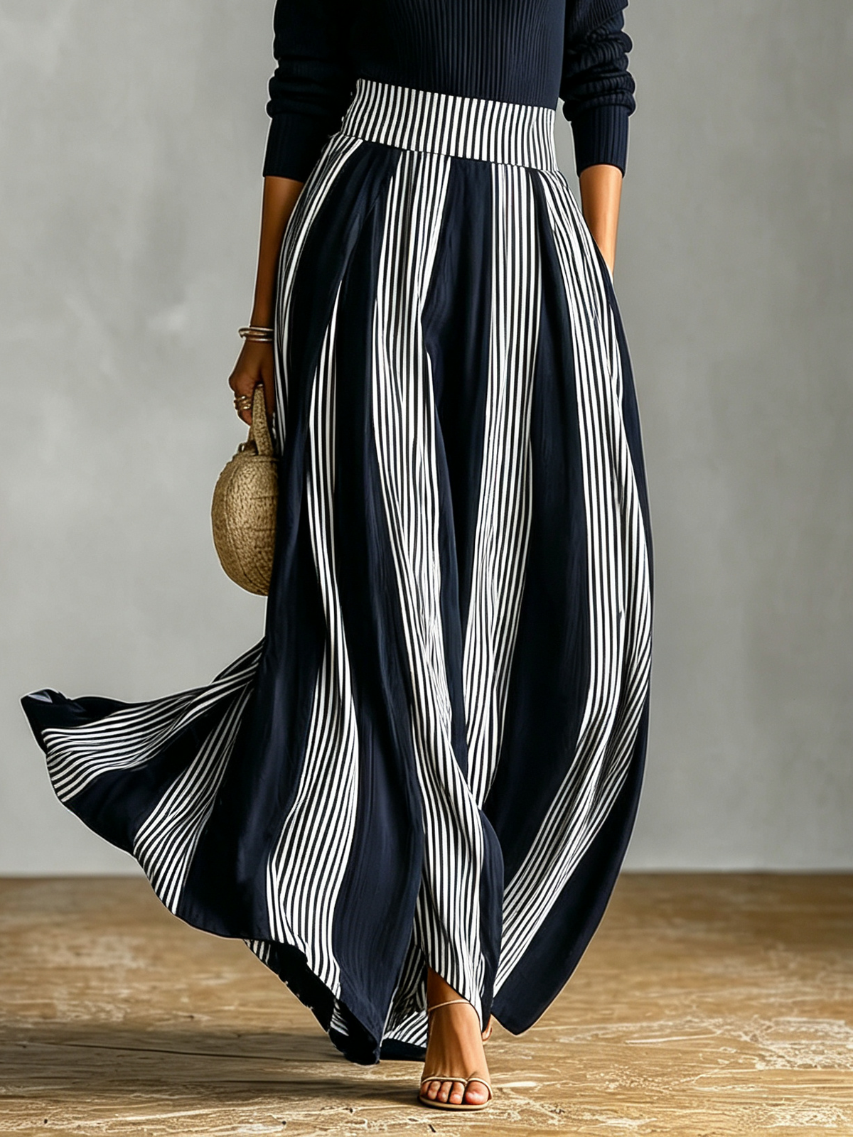 Chic Ribbed Knit Two Piece Set for Women with Half Zip Top Striped High Waist Maxi Skirt Lounge Style