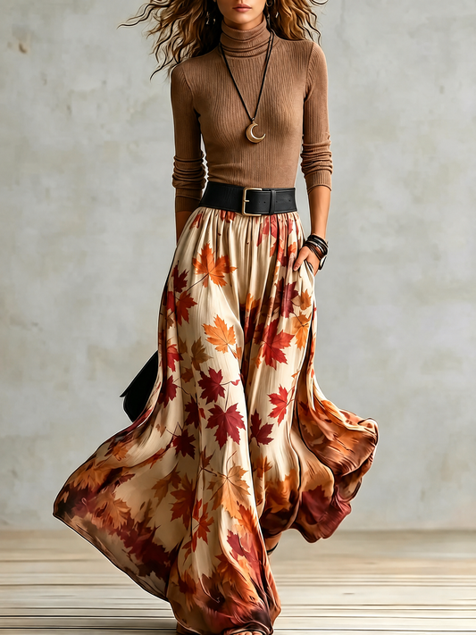 Cozy Ribbed Knit Two Piece Set for Women with Turtleneck Top Maple Leaf Print High Waist Maxi Skirt Fall Style