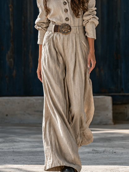 Elegant Beige Linen Jumpsuit for Women with Collar Long Sleeve Button Front Wide Leg Style