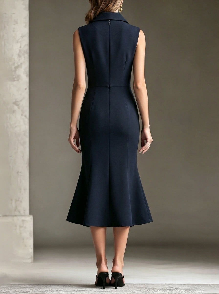 Elegant Navy Midi Dress for Women with Notched Collar Sleeveless Wrap Mermaid Fall Wedding Guest Style