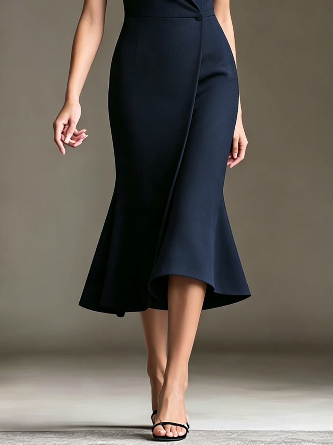 Elegant Navy Midi Dress for Women with Notched Collar Sleeveless Wrap Mermaid Fall Wedding Guest Style