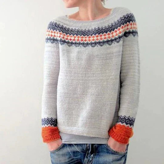 Comfortable Fair Isle Sweatshirt for Women with Crew Neck Long Sleeve Colorblock Oversized Knit Style