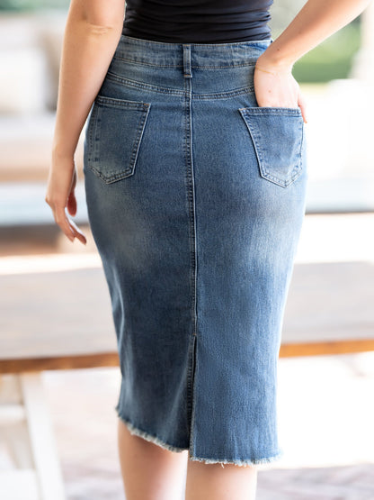 Effortless Denim Skirt for Women with High Waist Midi Straight Raw Hem Casual Jean Style