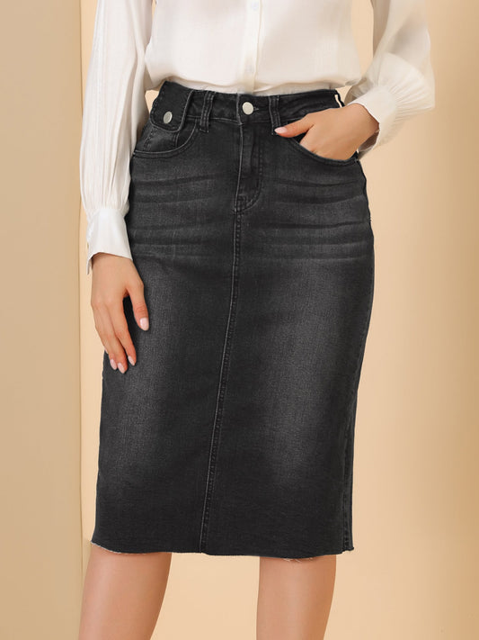 Effortless Denim Skirt for Women with High Waist Midi Straight Raw Hem Casual Jean Style