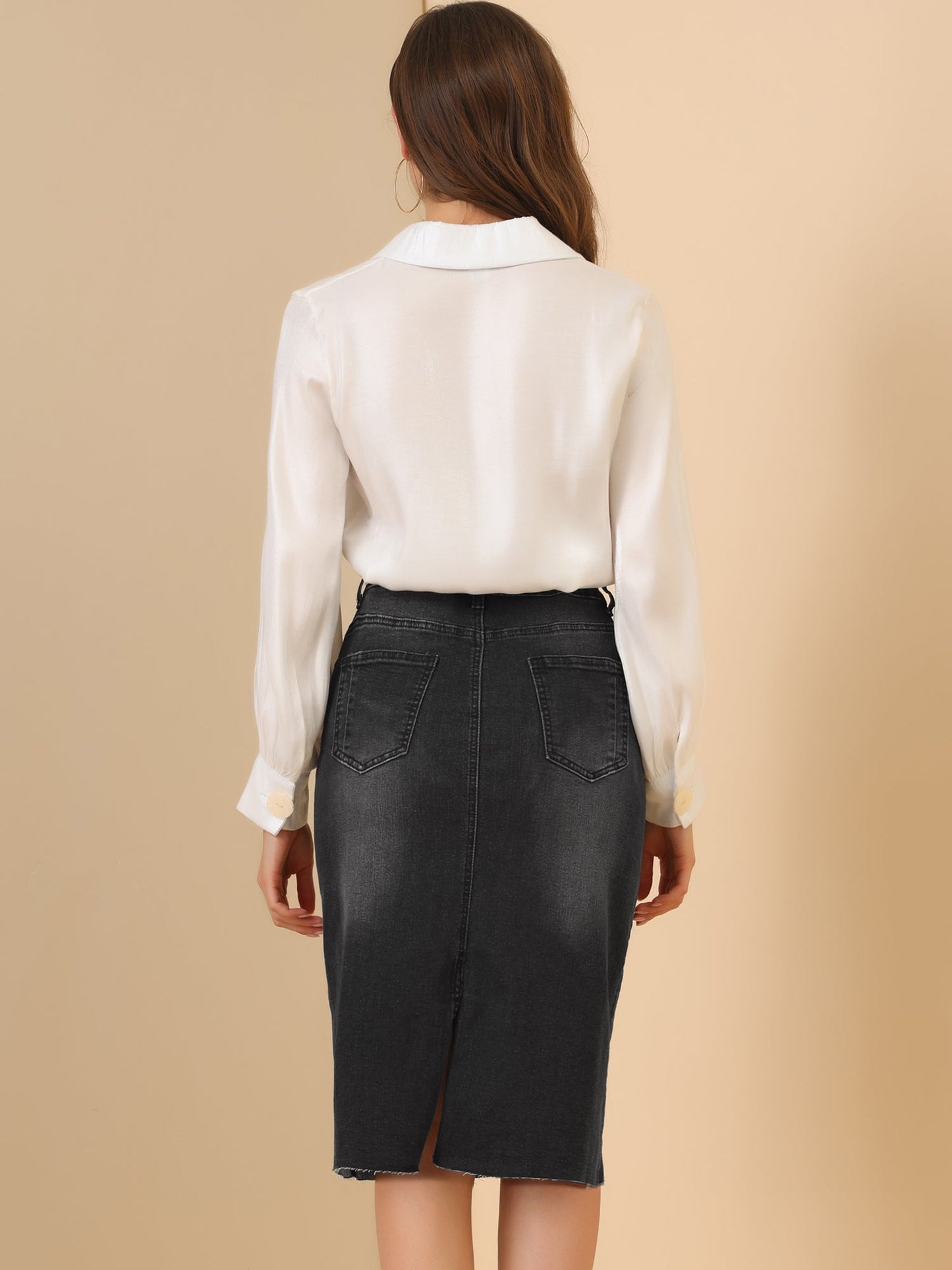 Effortless Denim Skirt for Women with High Waist Midi Straight Raw Hem Casual Jean Style