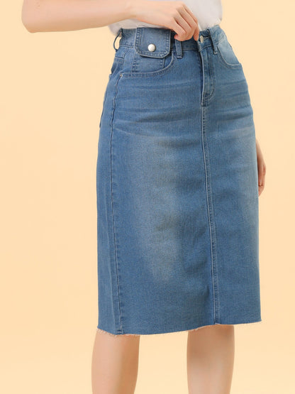 Effortless Denim Skirt for Women with High Waist Midi Straight Raw Hem Casual Jean Style